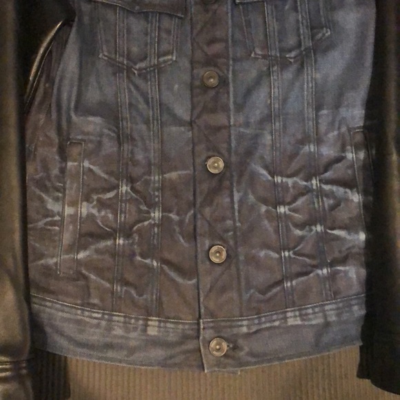 G-Star Raw Inked Denim Dark Blue Jean Jacket w/Authentic Leather Biker Sleeves - Picture 9 of 16